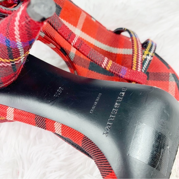 Burberry Red Checkered Canvas T Strap Sandals Tartan Wool Cone-heel Size 35.5 - Picture 12 of 12